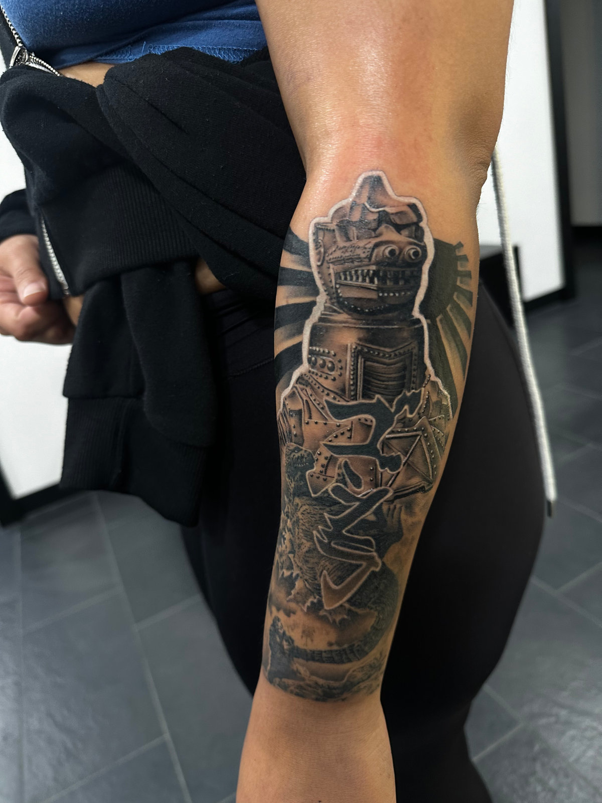 Black & grey · mechanical detail tattoo by Carlos Fields